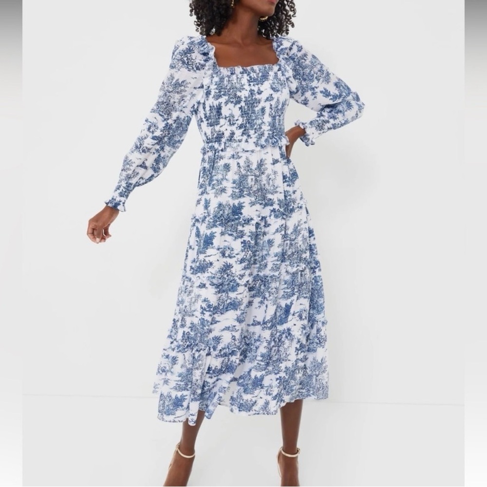 Hyacinth House Women's Georgina Midi Dress Blue Toile Long Sleeve Size Small